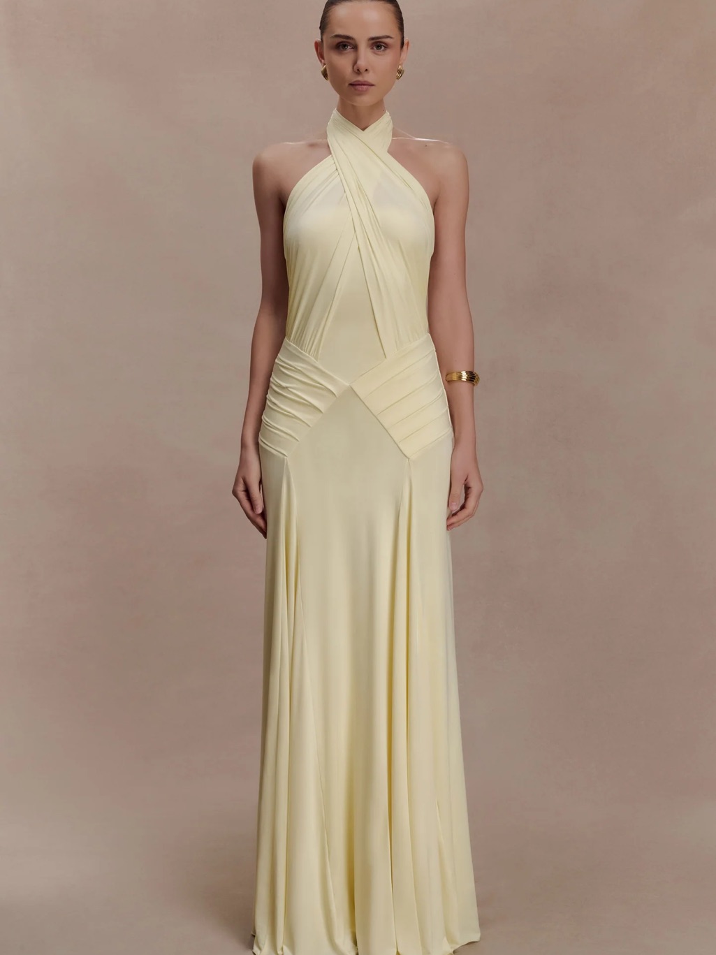 Meshki Pale Yellow Cross-Halter Maxi Dress